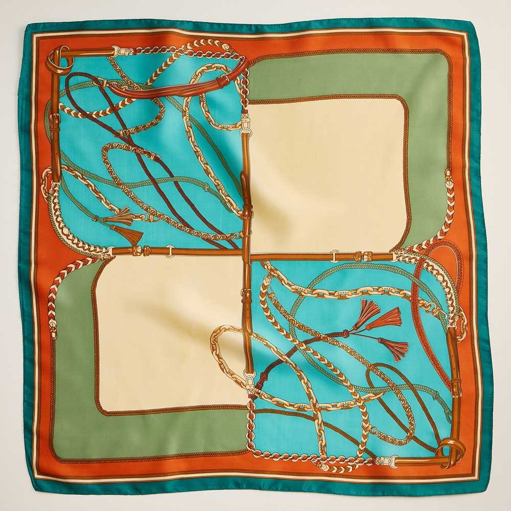 2PC Set Scarf Baroque Chain Print Silky Feel Square Teal Orange  Head Neck Tie