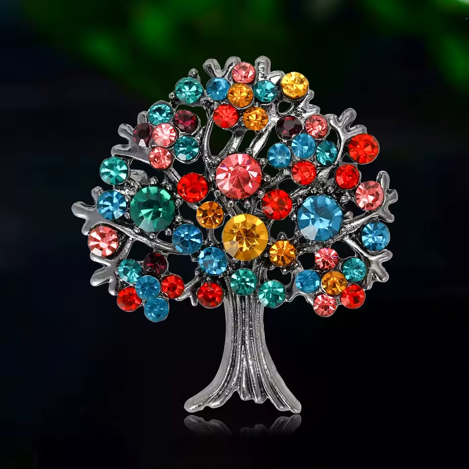 2pcs Tree of Life Brooch Set Crystal Rhinestone Colorful Family Tree Pin
