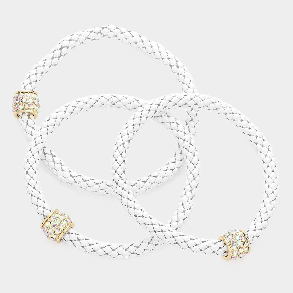 3pcs White Braided Leather Bracelets Gold Rhinestone Clasp Stretchable Bracelets
