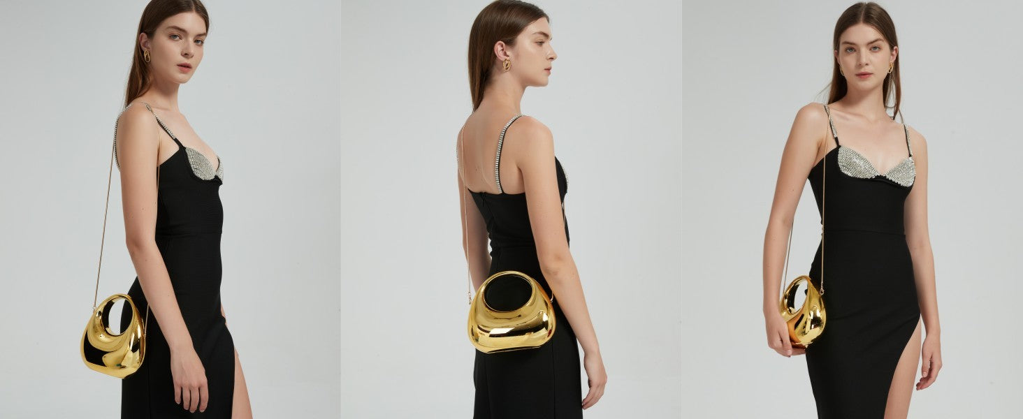 Sculptural Gold Mirror Metallic Crescent Bag Clutch Shoulder Crossbody Statement