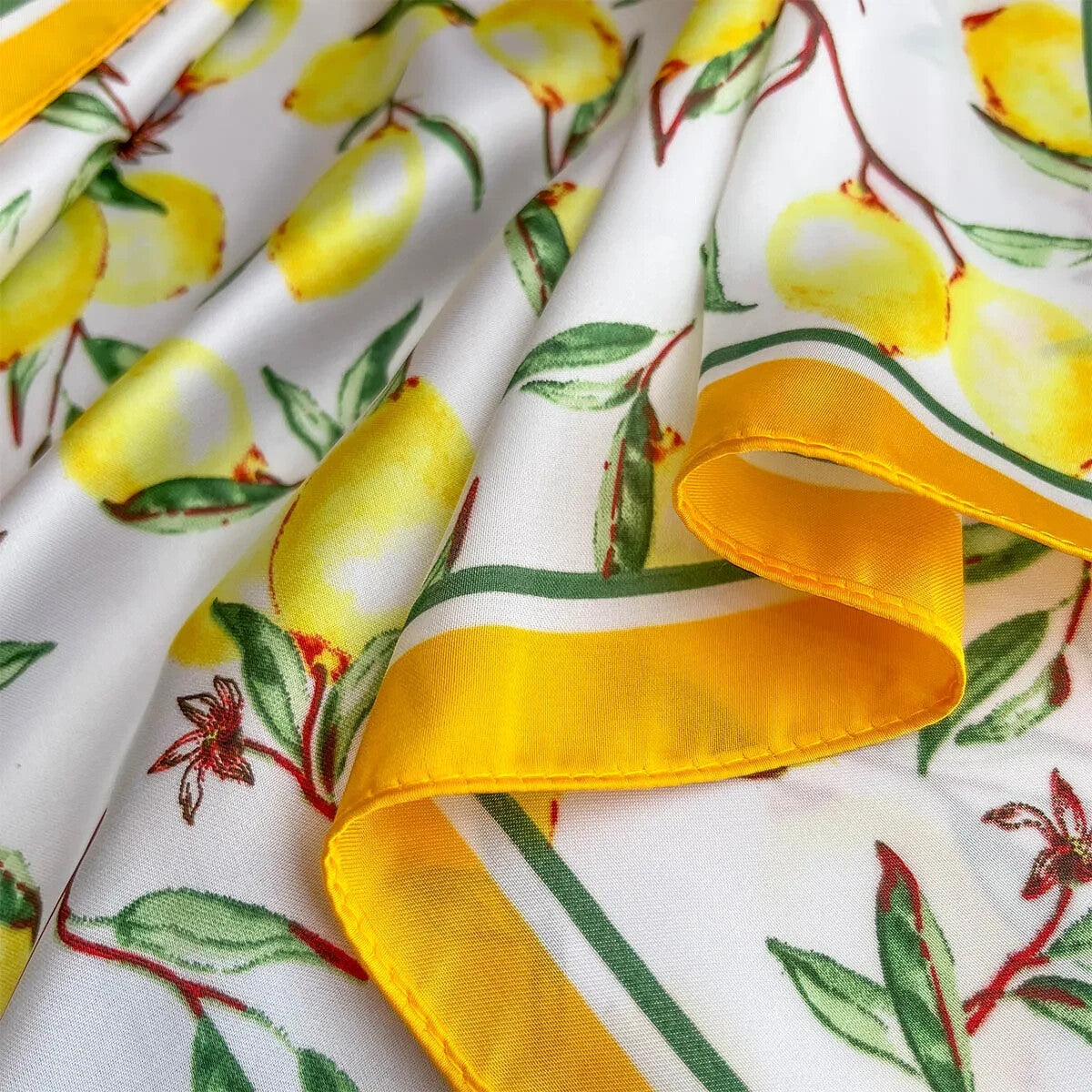 Yellow Lemon Print Square Silk Feel Scarf for Women 70x70cm Neckerchief