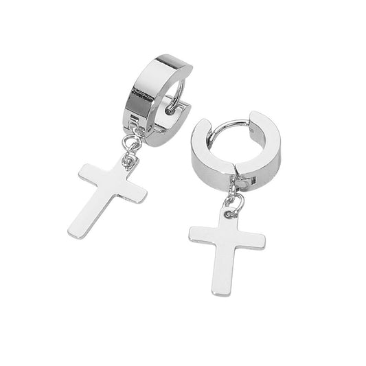 Silver Cross Drop Huggie Hoop Earrings - Polished Dainty Religious Charm Hoops
