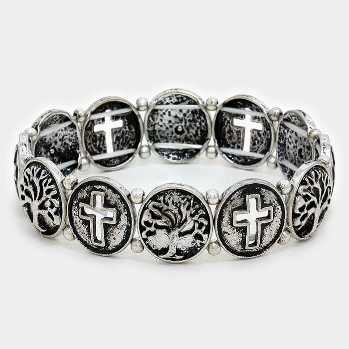 Cross and Tree of Life Stretch Bracelet Spiritual Beaded Jewelry Unisex
