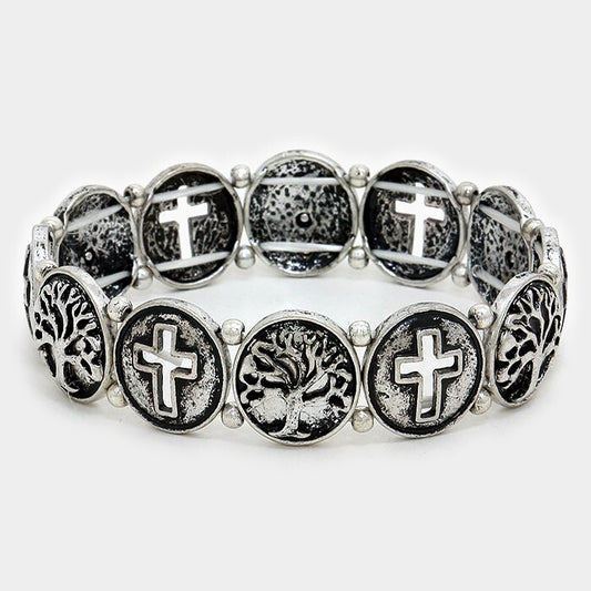 Cross and Tree of Life Stretch Bracelet Spiritual Beaded Jewelry Unisex