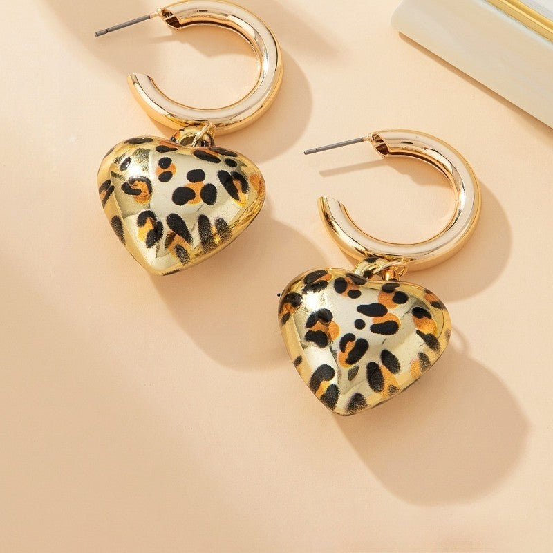 Leopard Print Heart Drop Hoop Earrings Gold Tone Puffy Dangle Animal Chic Gift
