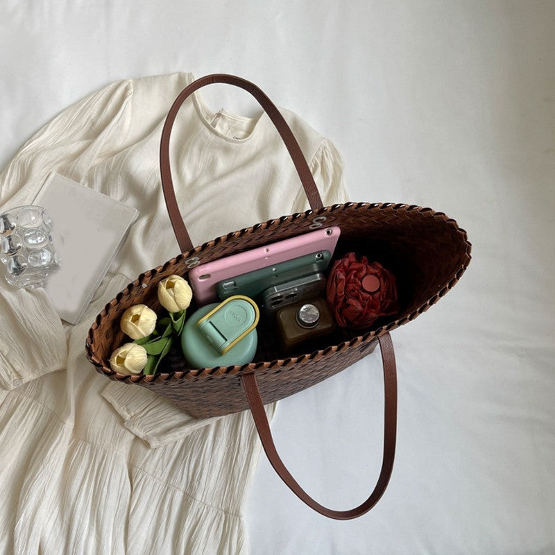 Handwoven Basket Weave Rattan Straw Tote Bag Large Capacity Brown Bags