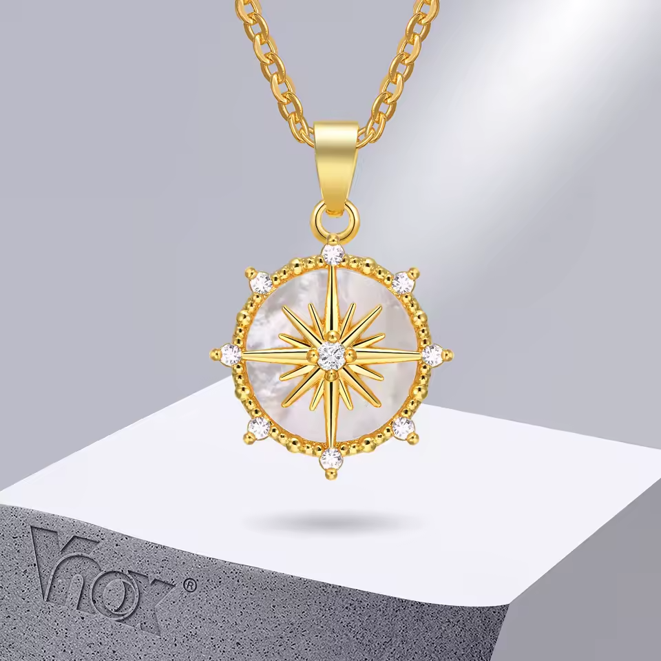 North Star Compass Pendant Necklace Gold Tone Cubic Zirconia Shell Inlay