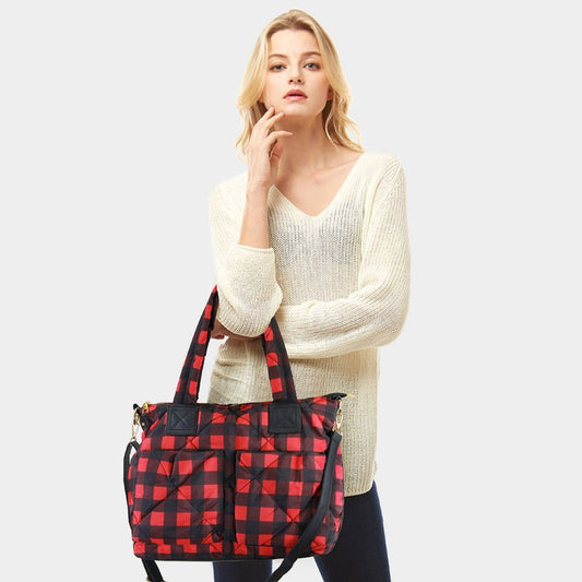 Buffalo Check Puffer Tote Bag Women’s Large Quilted Shoulder Handbag for Ladies