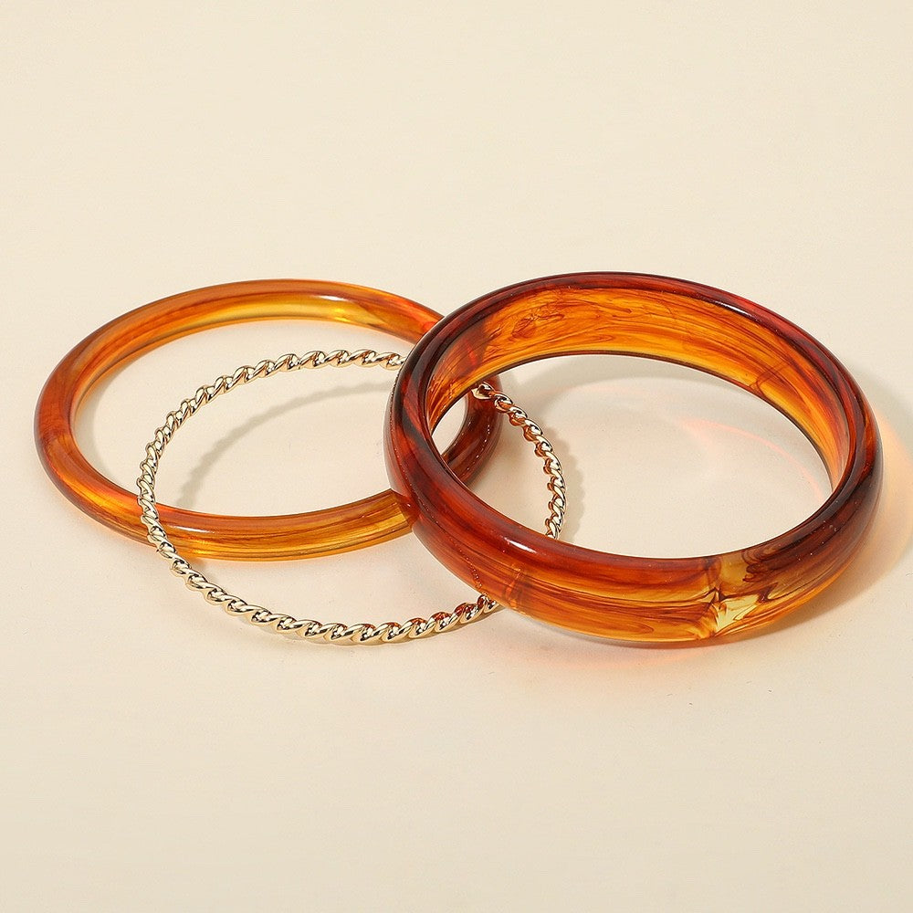 3pc Tortoise Shell & Gold Twisted Metal Bangle Bracelet Set Resin Stackable