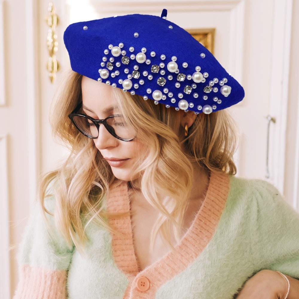 Royal Blue Wool Blend Beret with Pearl and Rhinestone Embellishments