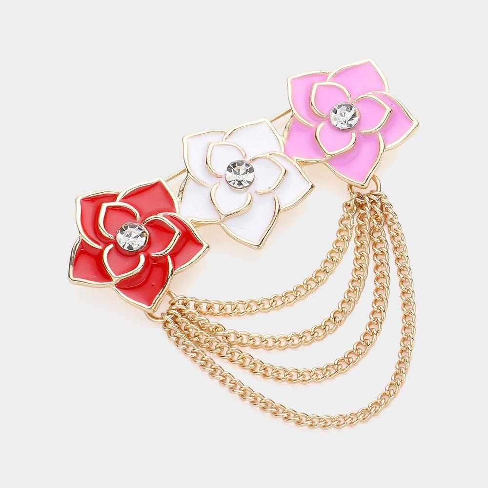 Gold Tone Floral Enamel Brooch Pin with Draping Chains - Red White Pink - 3.7" x