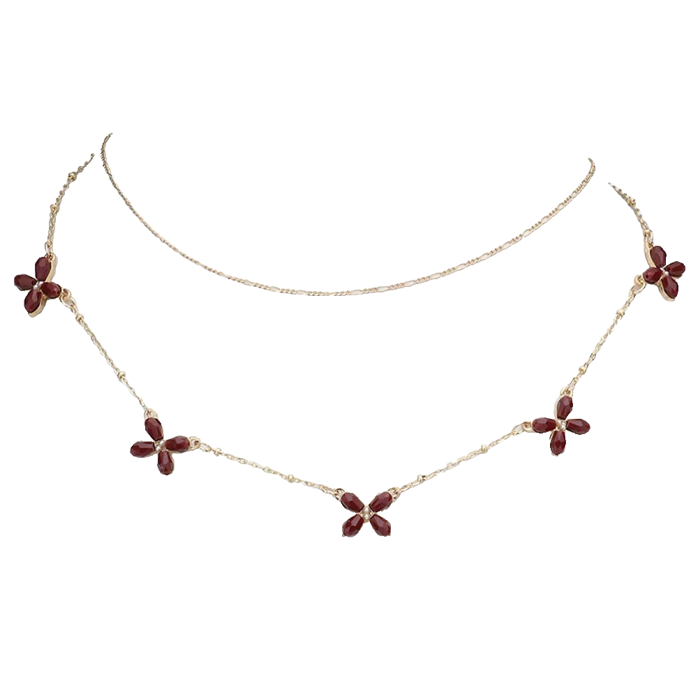 Gold Floral Necklace with Maroon Gemstone Clusters for Layering or Gifting