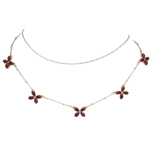 Gold Floral Necklace with Maroon Gemstone Clusters for Layering or Gifting