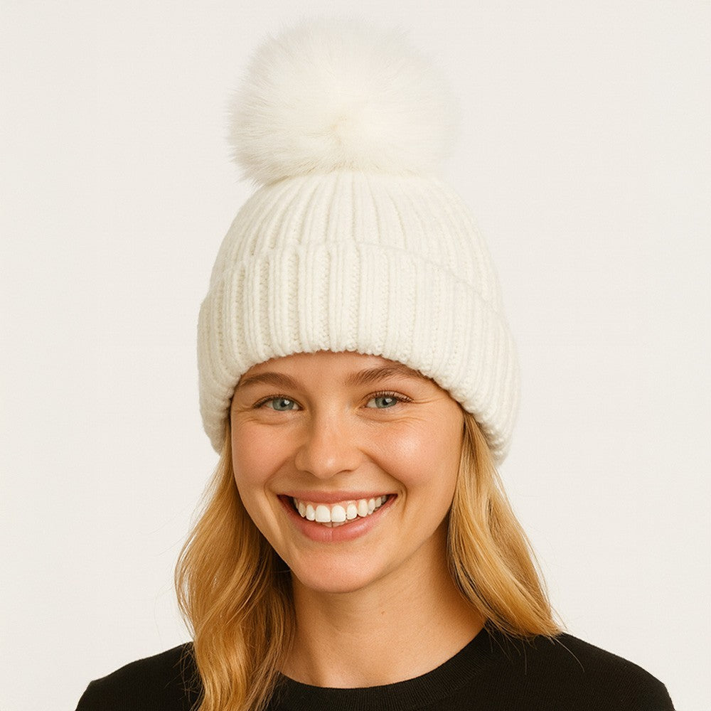 Women's Winter Beanie Hat White 100% Acrylic Solid Knit Pom Pom Accent 8.3"x8.3"