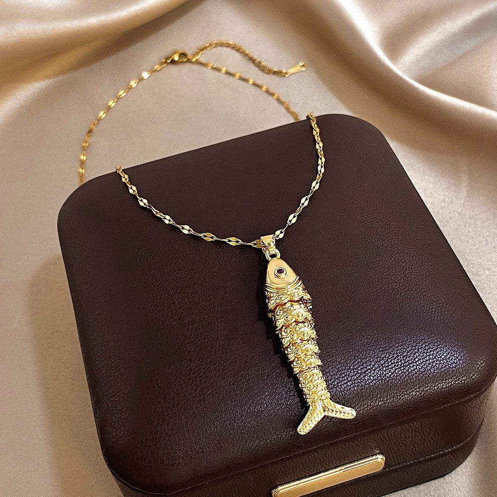 Gold Fish Pendant Necklace Textured Scale Dainty Red Eye Charm Chain Jewelry Gif