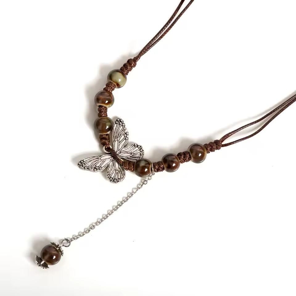 Handcrafted Ceramic Beaded Boho Butterfly Pendant Necklace Adjustable S001193B