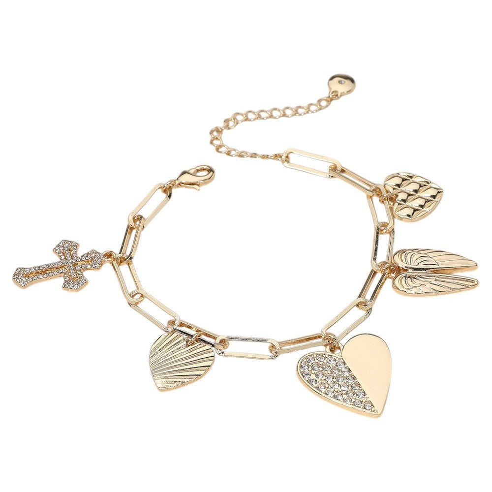 Stone Paved Cross Heart Wing Charm Station Paperclip Chain Bracelet for Women