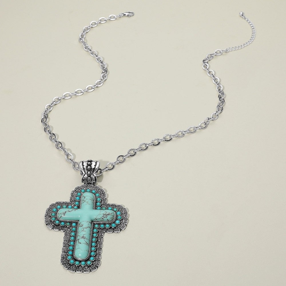 Western Turquoise Style Scalloped Cross Pendant Statement Necklace 24 Inches