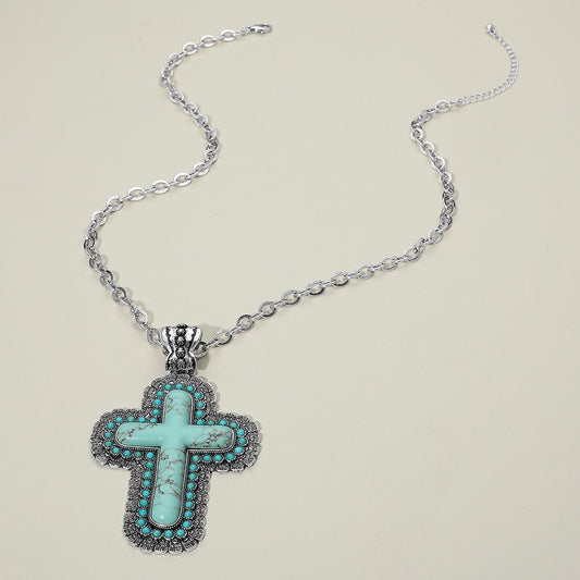 Western Turquoise Style Scalloped Cross Pendant Statement Necklace 24 Inches