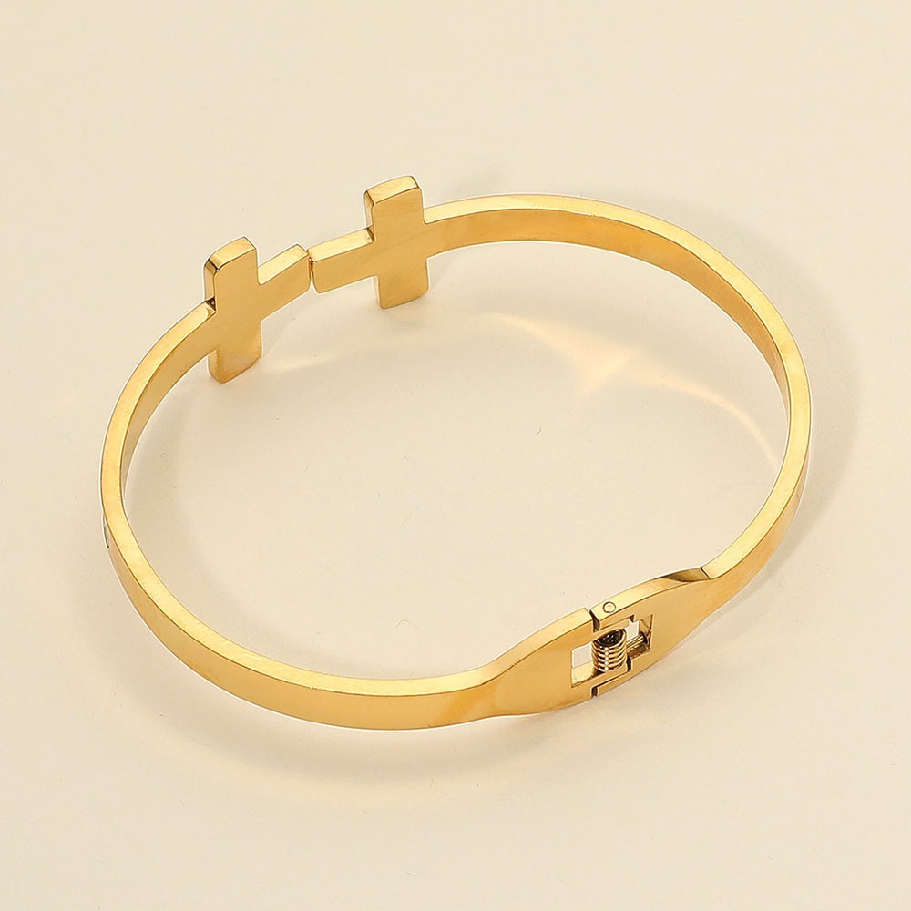 2-in-1 Gold and Silver Double Cross Mother of Pearl Hinged Bangle Set Jewelry