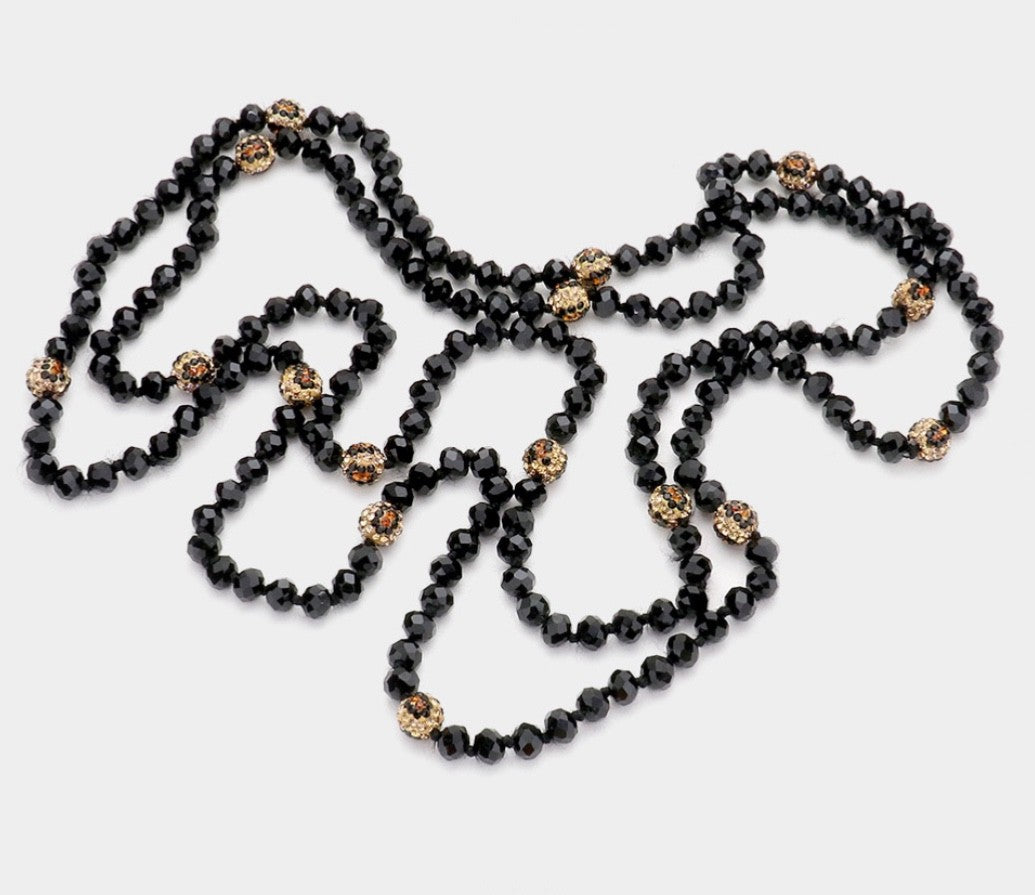 Long 70 Inch Black Faceted Bead Layering Necklace Gold Pave Disco Ball Accents