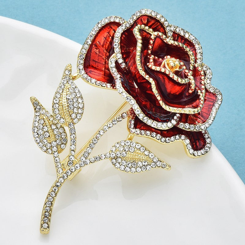 Red Enamel Rose Brooch Pin Crystal Rhinestone Flower Corsage Gift for Her
