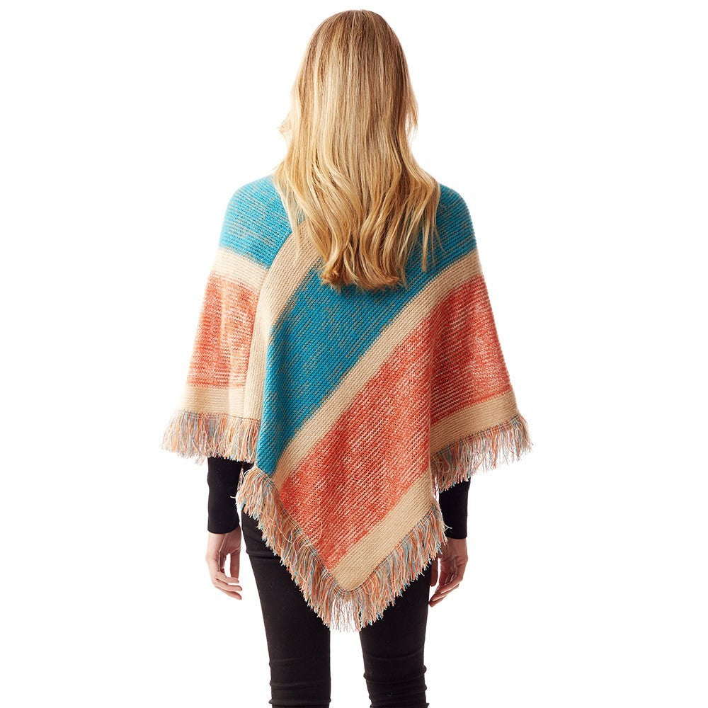 Women's Fall Winter Striped Knit Poncho Sweater Shawl Boho Striped Knit Ponchos