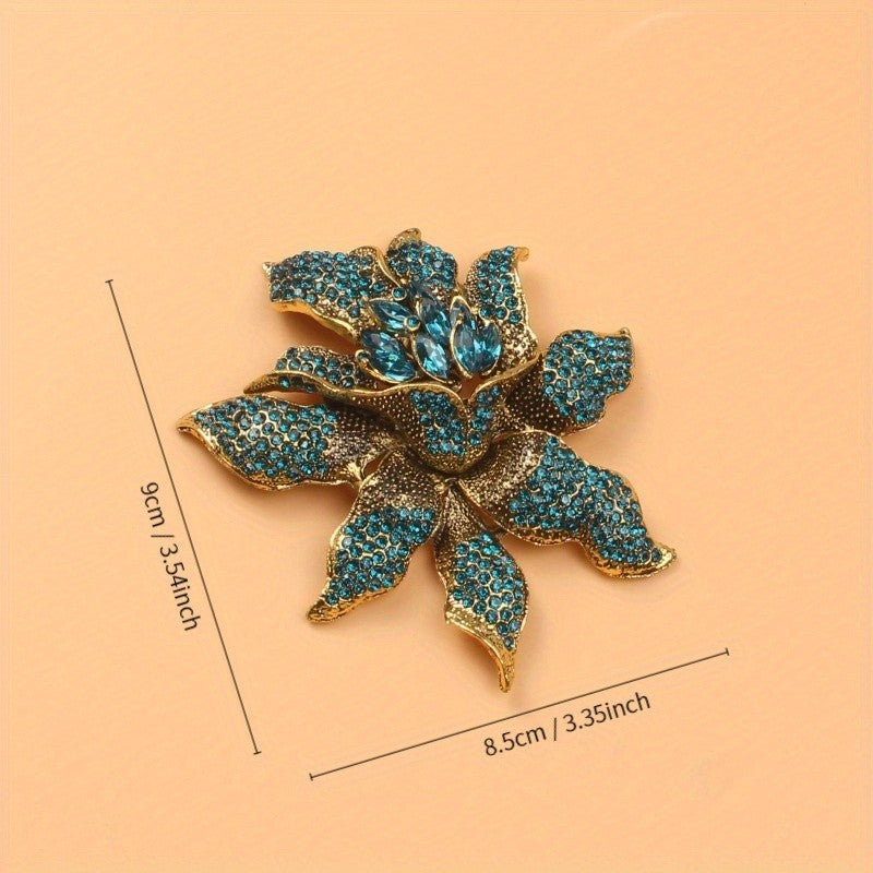 Giant Vintage Look Teal Turquoise Rhinestone Flower Brooch Pin Gold Tone Stateme