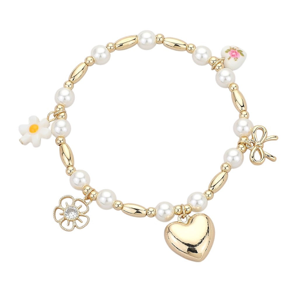 Gold Faux Pearl Beaded Charm Bracelet with Heart and Floral Accents for Women