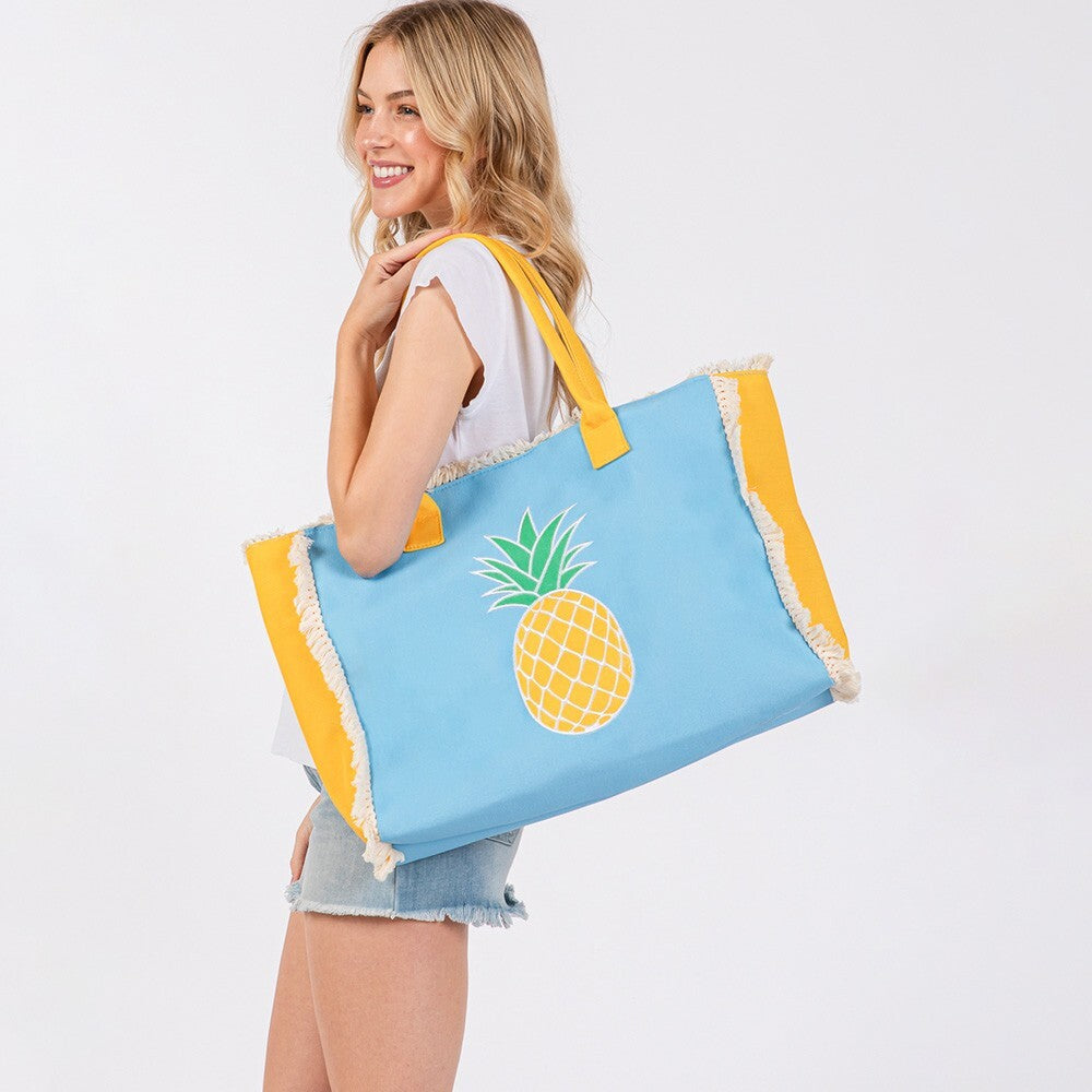 Pineapple Patch Embroidered Fringe Tote Bag Beach Vacation Purse