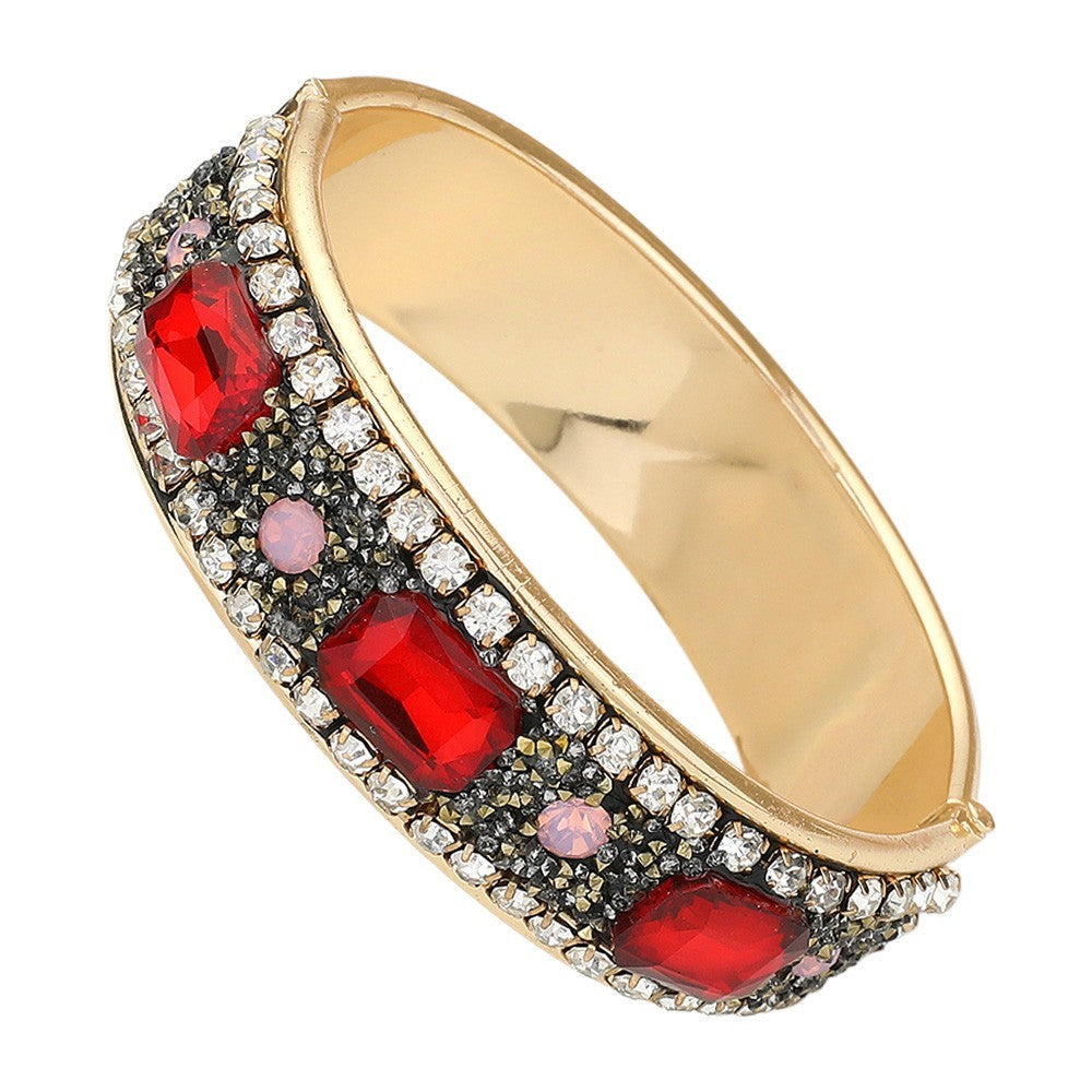 Sparkly Stone Embellished Gold Red Hinged Bangle Bracelet Women’s Jewelry