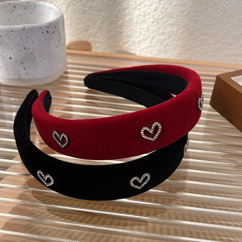 2pcs Red Black Heart Padded Headband Set Velvet Rhinestone Hair Accessory Women