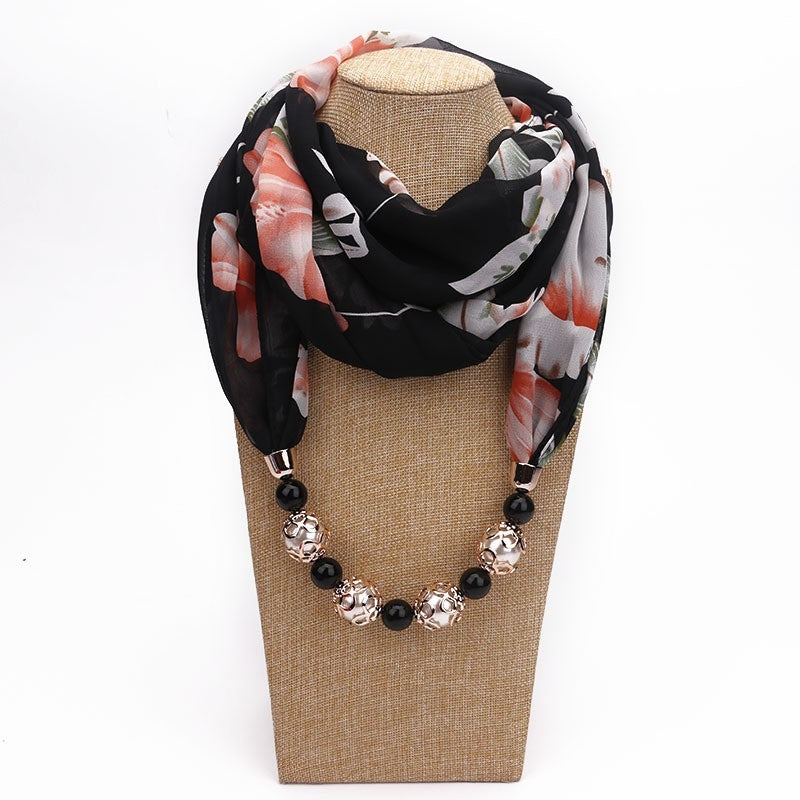 Women Floral Chiffon Scarf Necklace Black Beaded Pendant Wrap Shawl Jewelry