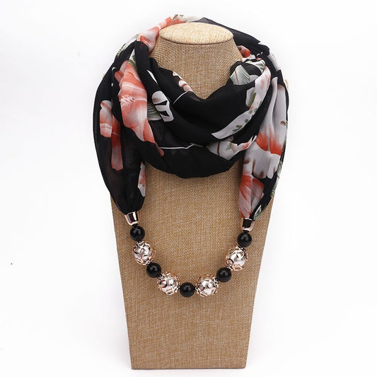 Women Floral Chiffon Scarf Necklace Black Beaded Pendant Wrap Shawl Jewelry