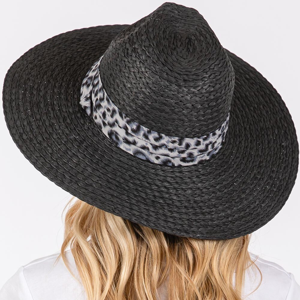 Leopard Band Straw Sun Hat for Women Wide Brim Summer Beach Travel Hat Black