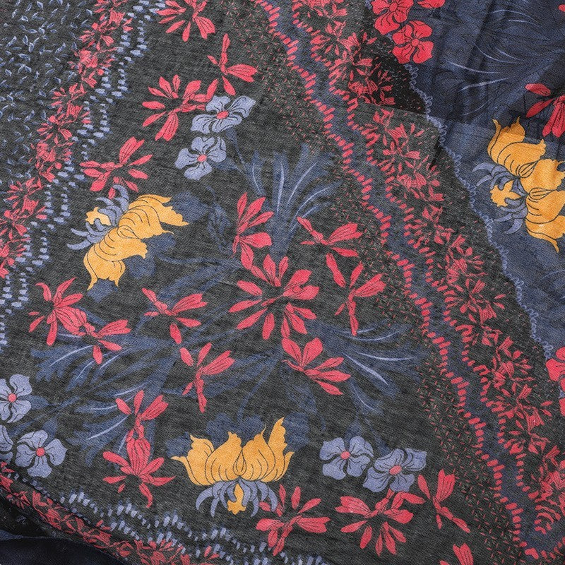 Boho Floral Scarf Shawl Wrap Navy Red Yellow Tassel Lightweight Beach Shawl