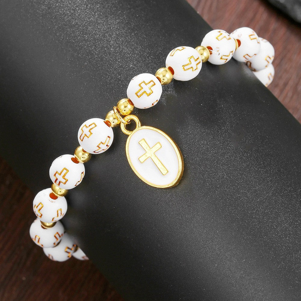 2pcs Religious Cross Bead Bracelet Gold Tone Christian Prayer Jewelry Set