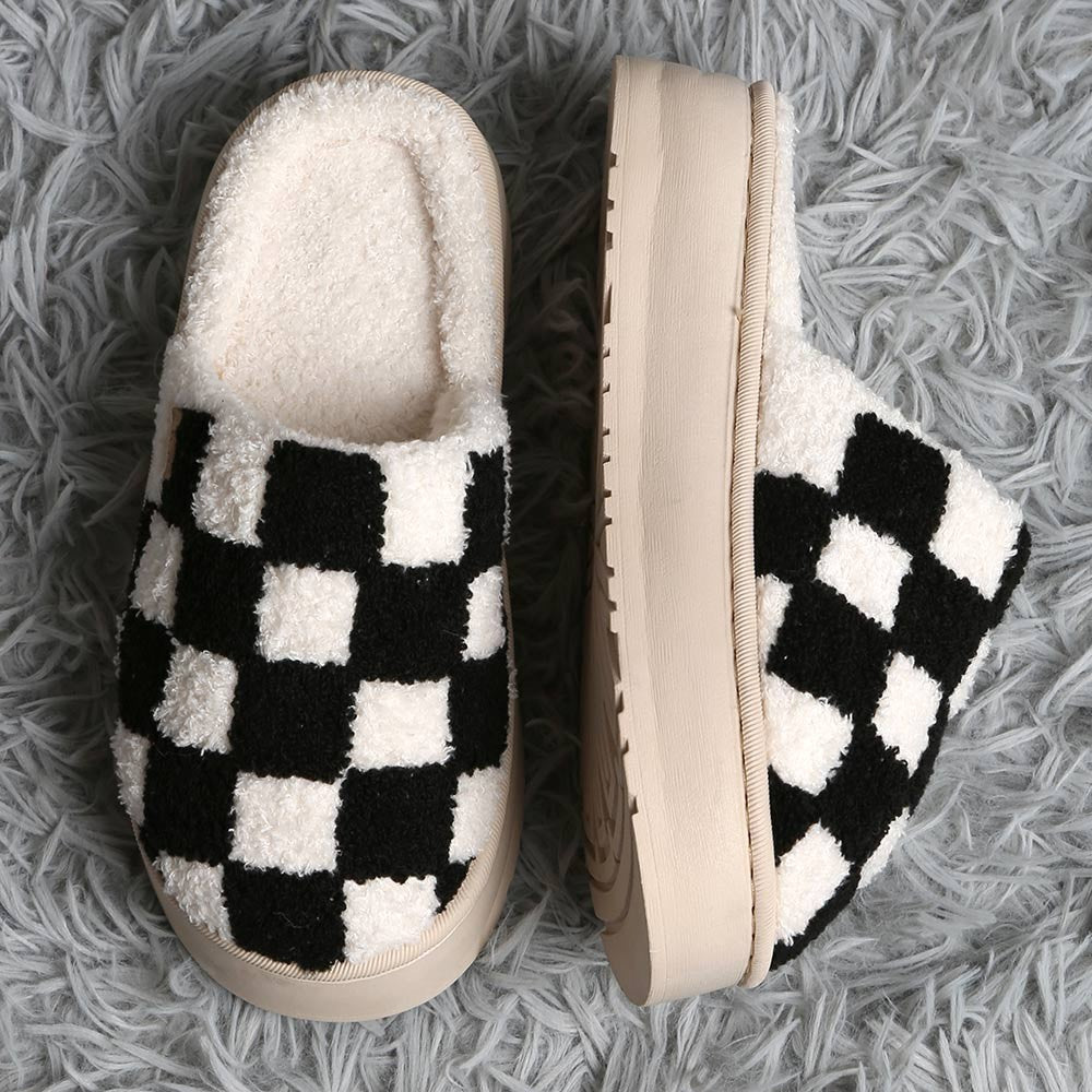 Checkered Platform Slippers Women Men Soft Indoor House Floor Comfy Cozy Shoes