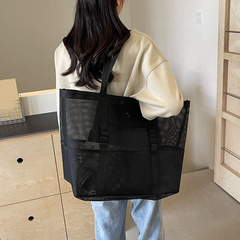 Extra Large Mesh Tote Bag Black Shoulder Beach Gym Travel Organizer Pockets