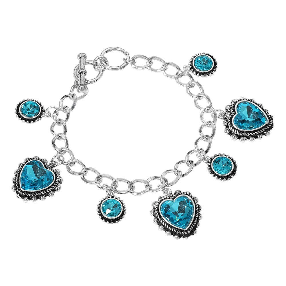 Antique Silver Heart and Stone Charm Toggle Bracelet for Women