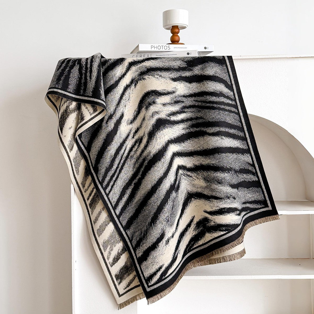 Luxe Oversized Black White Animal Print Shawl Scarf Wrap with Fringe for Women