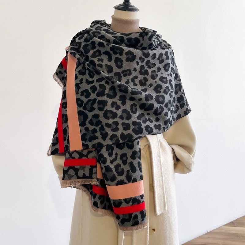 Chic Leopard Print & Orange Stripe Scarf Large Winter Wrap Shawl for Women