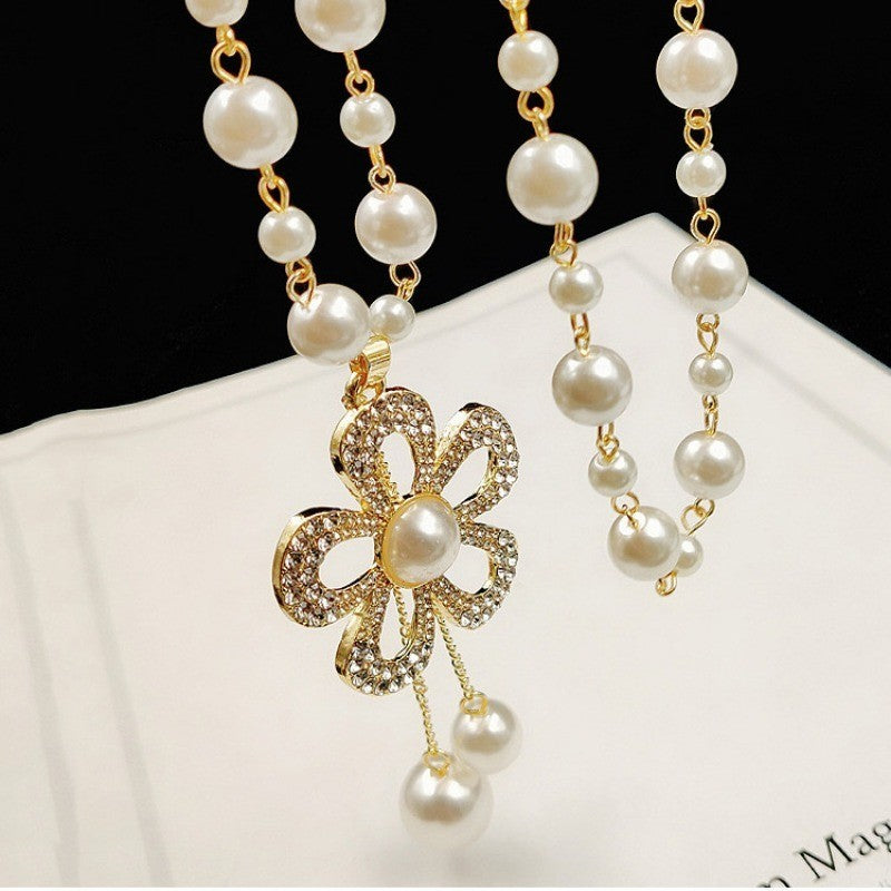 Camellia Flower Pearl Sweater Necklace Long Chain Crystal Pendant Jewelry