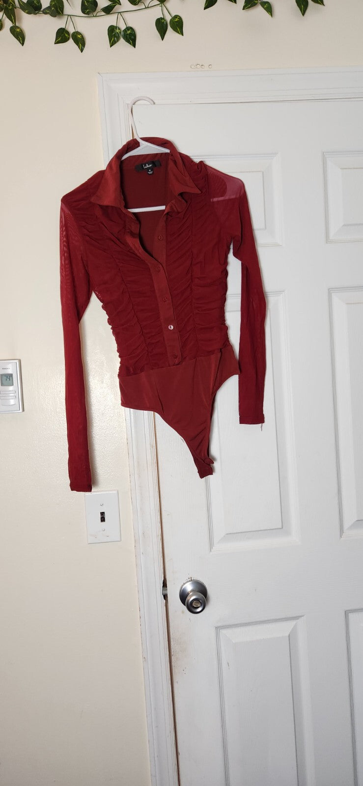 Don't Ruche Love Burgundy Mesh Ruched Long Sleeve Bodysuit for Women Medium