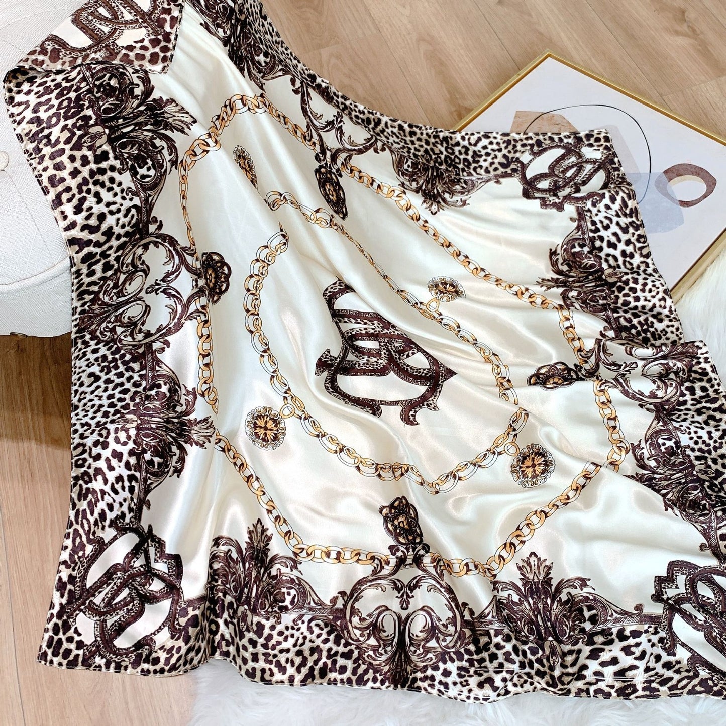 Luxury Imitation Silk Scarf for Women Satin Square Head Scarf with Leopard Print
