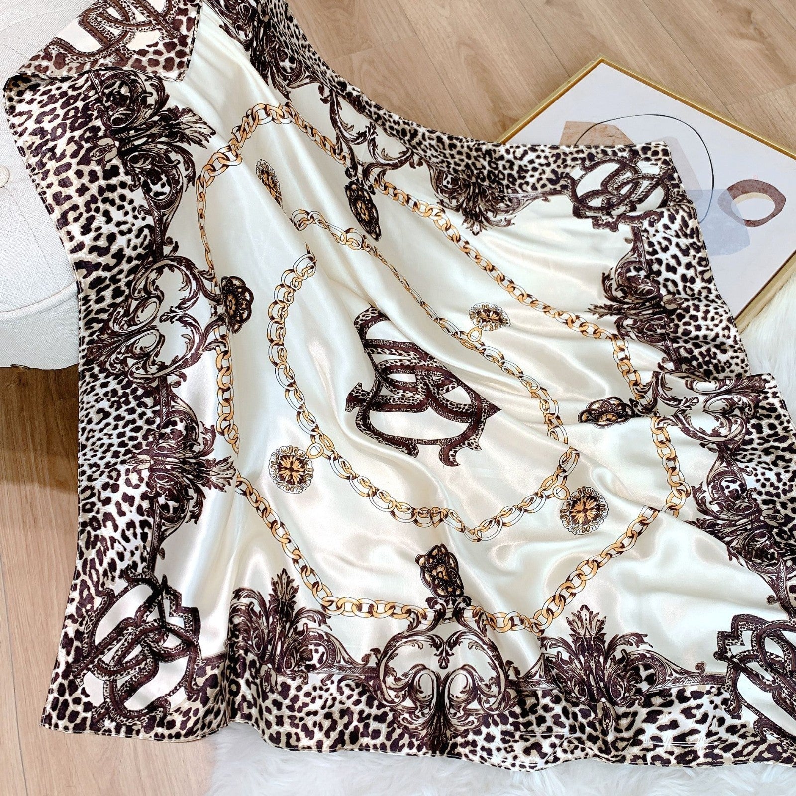 Luxury Imitation Silk Scarf for Women Satin Square Head Scarf with Leopard Print