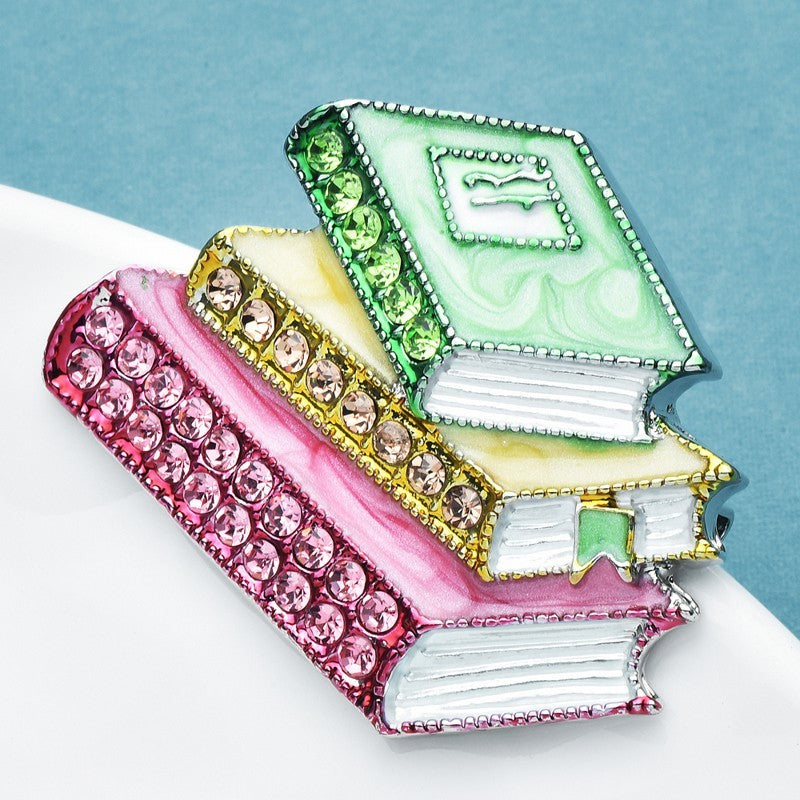 Colorful Stack of Books Brooch Enamel Rhinestone Teacher Librarian Gift