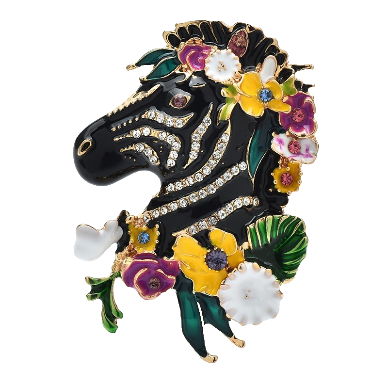 Sparkly Zebra Head Brooch Pin Enamel Rhinestone Floral Animal Gift