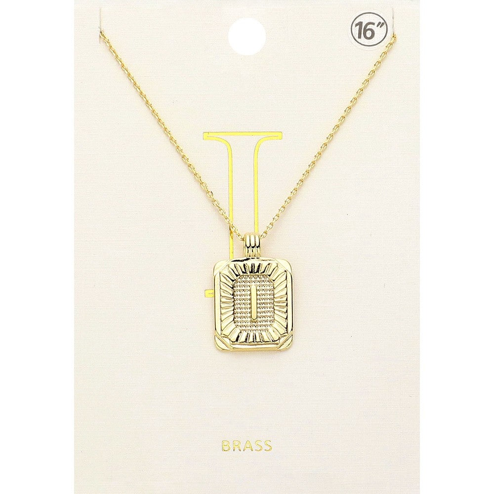 Gold Initial "I" Rectangular Sunburst Pendant Necklace - Brass Fashion Jewelry