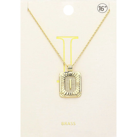 Gold Initial "I" Rectangular Sunburst Pendant Necklace - Brass Fashion Jewelry